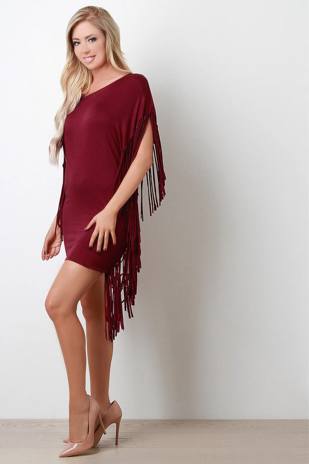 Jersey Knit Fringe Mini Poncho Dress