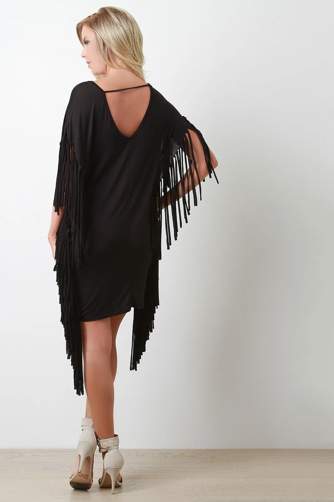 Jersey Knit Fringe Mini Poncho Dress