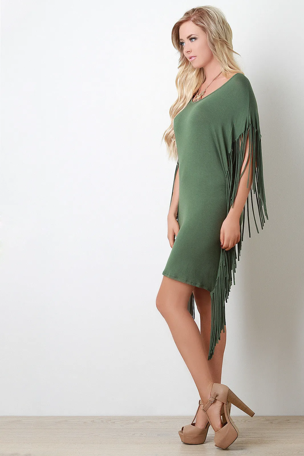 Jersey Knit Fringe Mini Poncho Dress