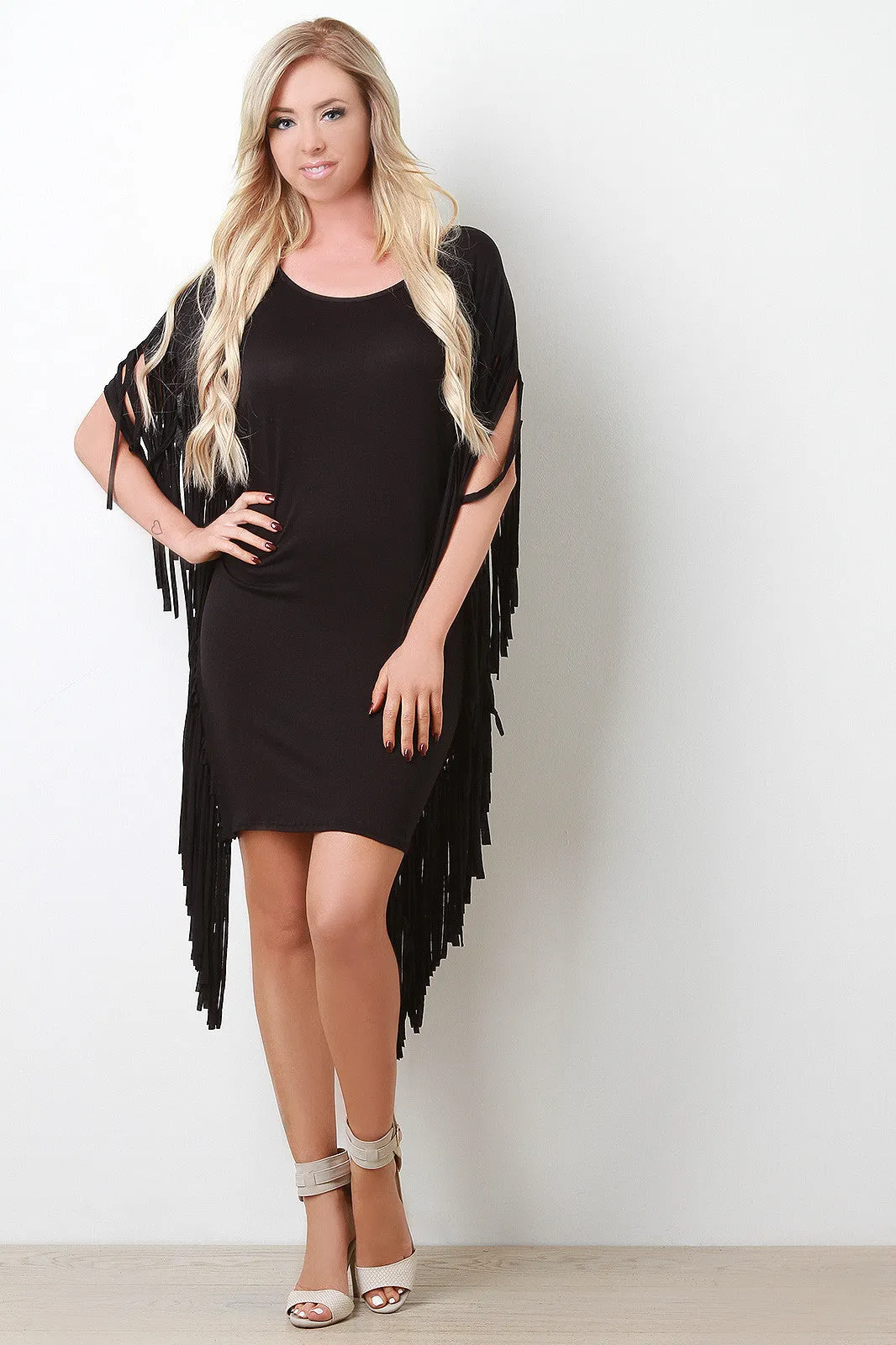 Jersey Knit Fringe Mini Poncho Dress