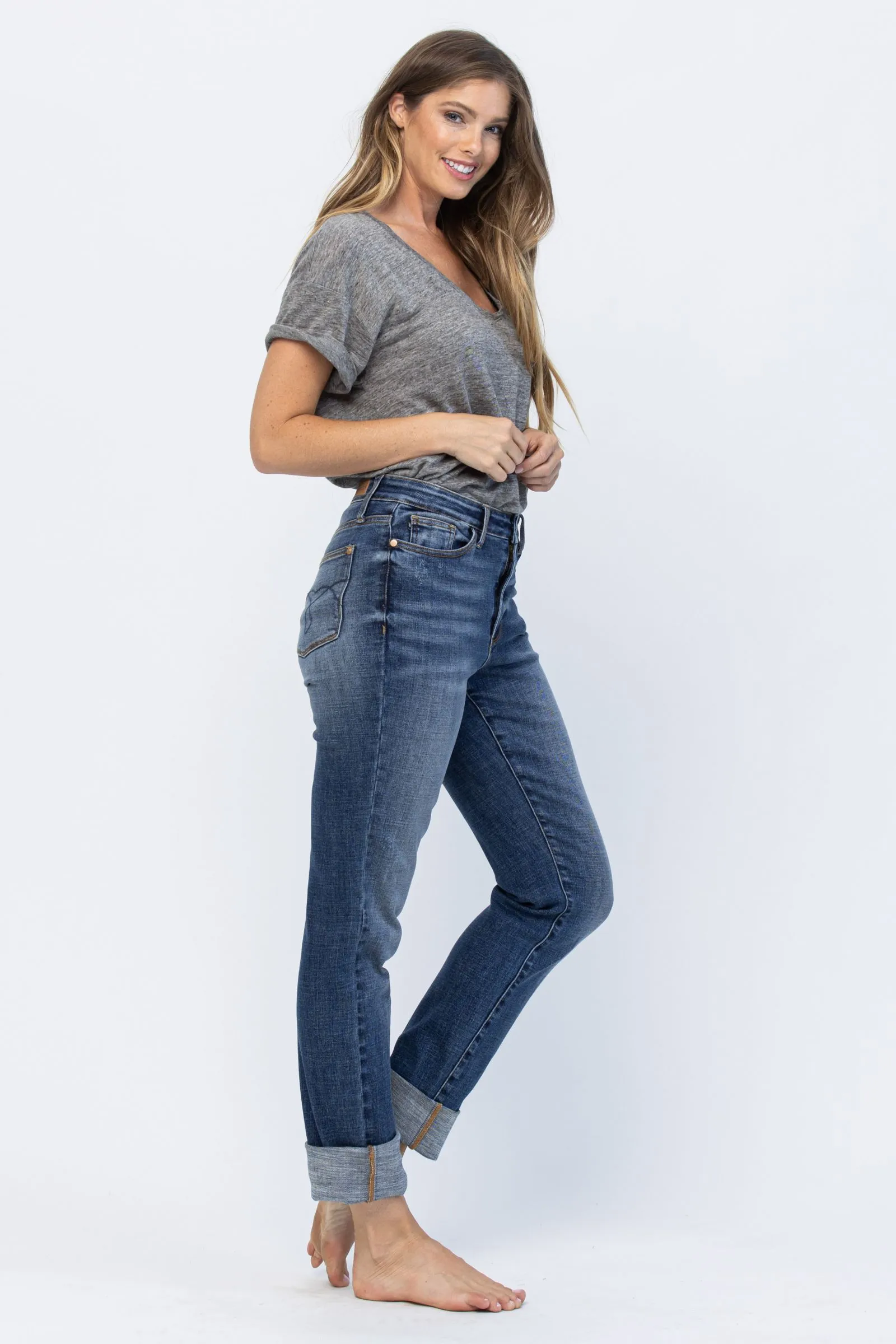 Judy Blue Jeans - Judy Blue high waist double cuff fray hem boyfriend jeans