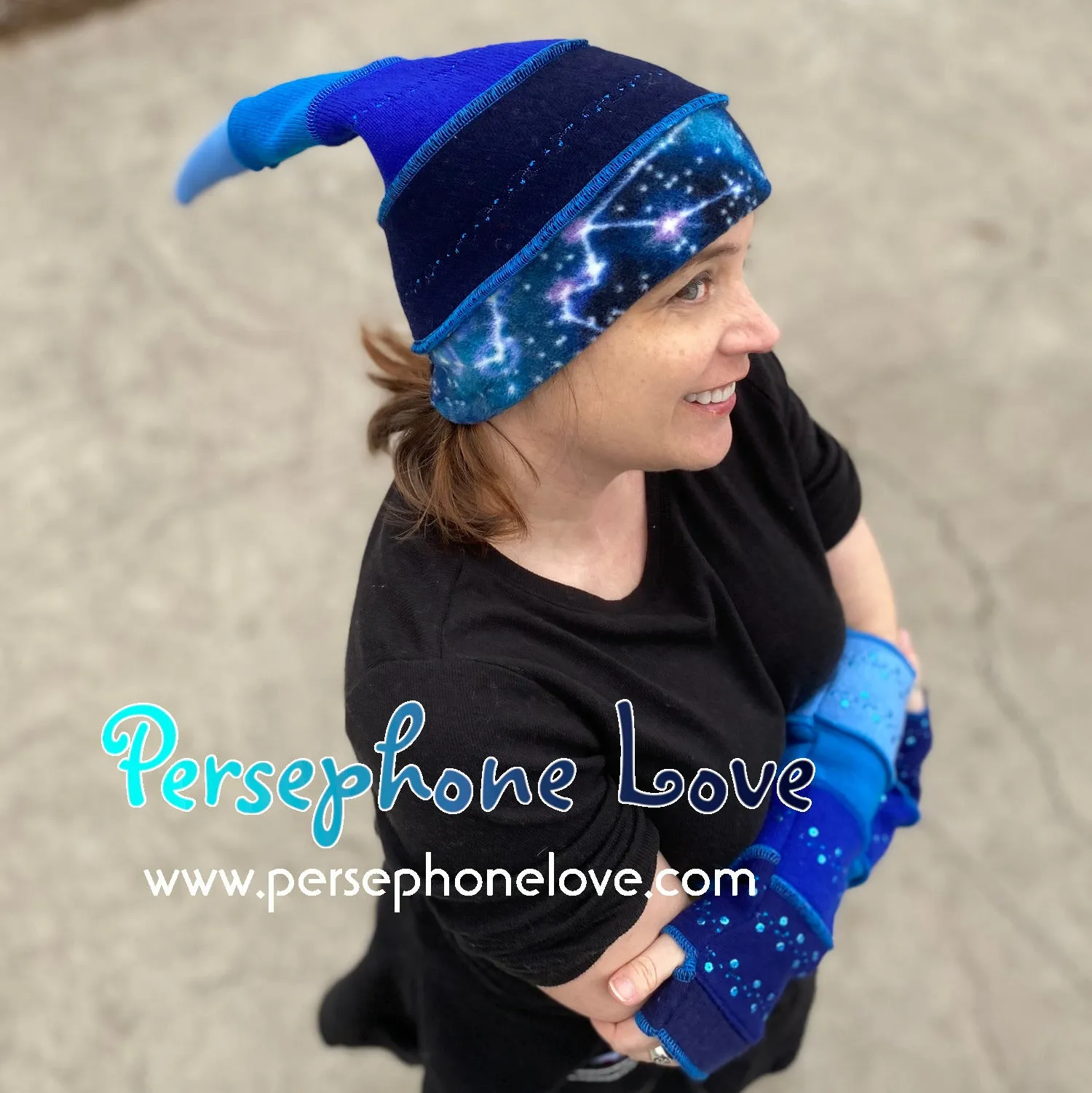 Katwise-inspired blue felted and embroidered galaxy pixie elf hat-1385