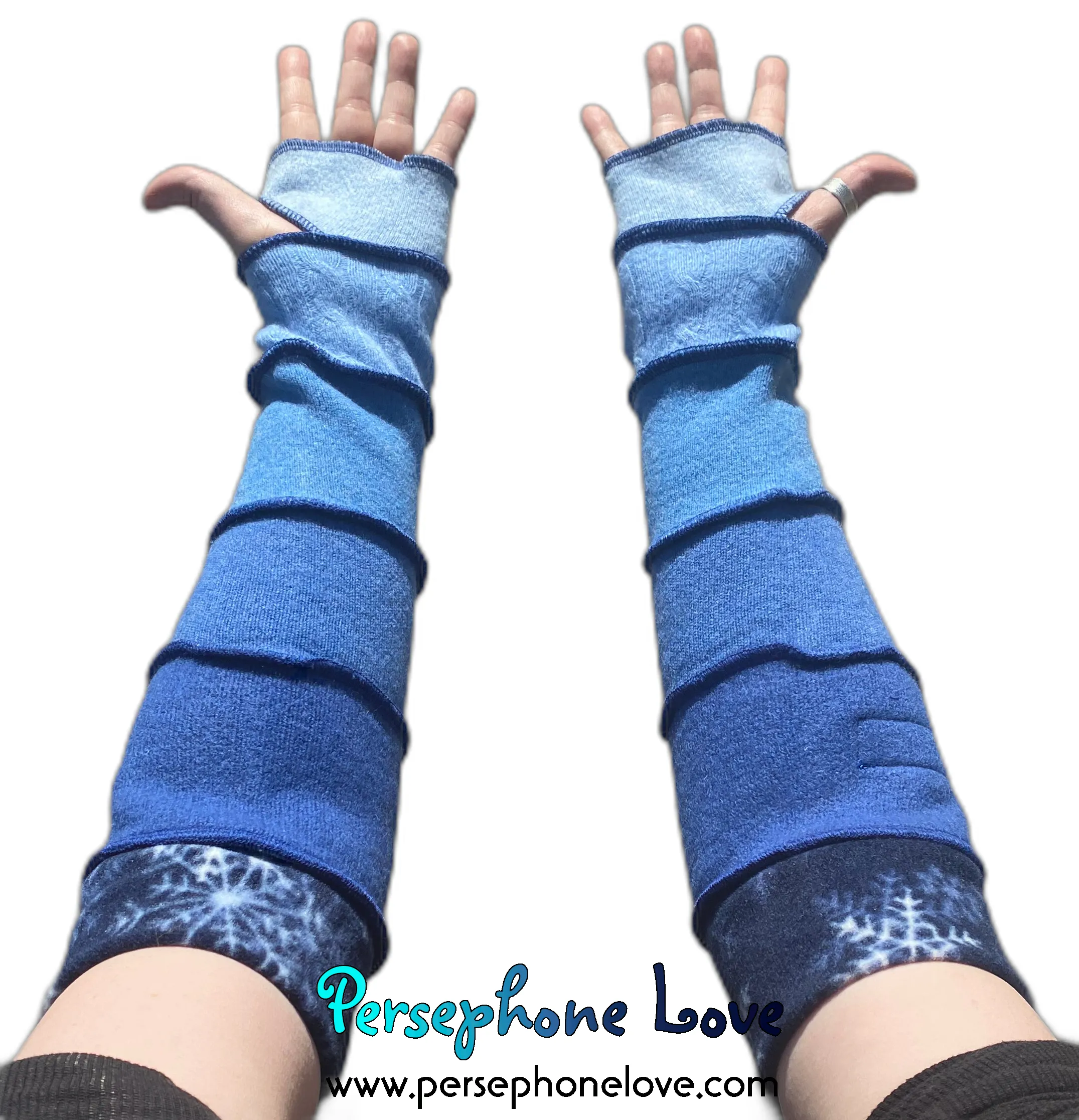 Katwise inspired needle-felted blue 100% cashmere upcycled sweater arm warmers -1498