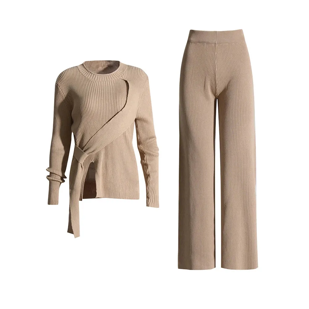 Knitting Two Piece Sers For Women Round Neck Long Sleeve Crisscross Top High Waist Wide Leg Pants Winter Set Female