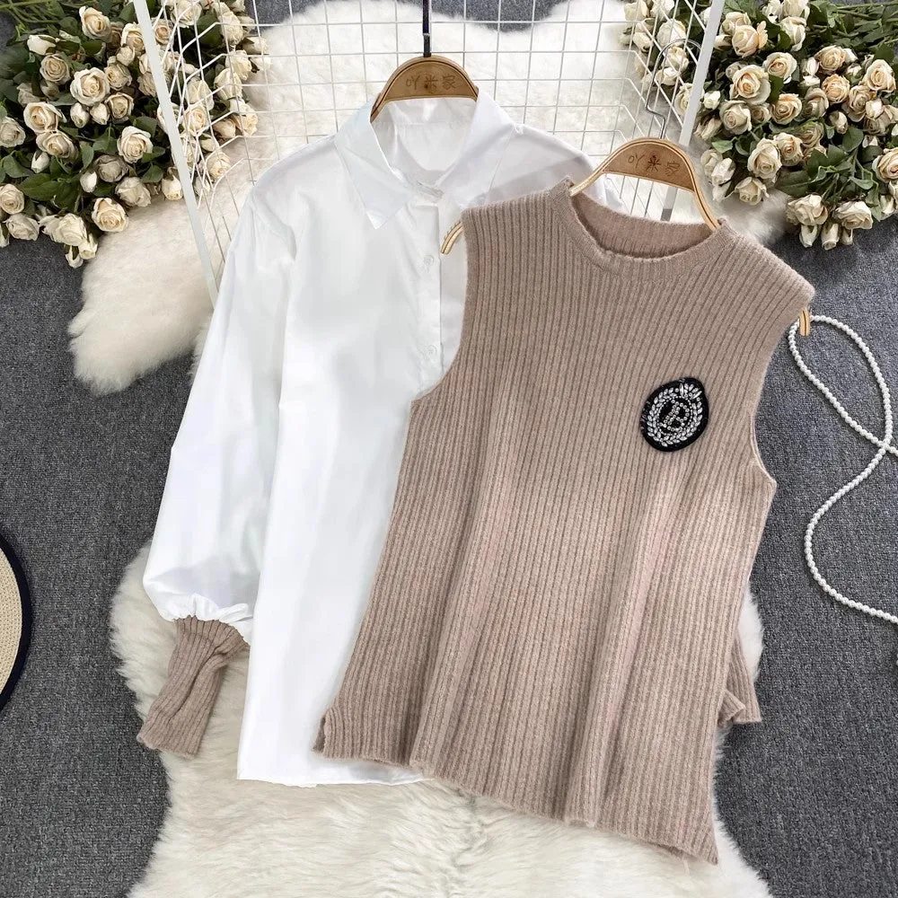 lantern long-sleeved mid-length shirt knitted vest two-piece suit for women      S3999