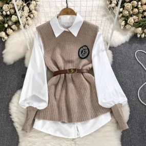 lantern long-sleeved mid-length shirt knitted vest two-piece suit for women      S3999