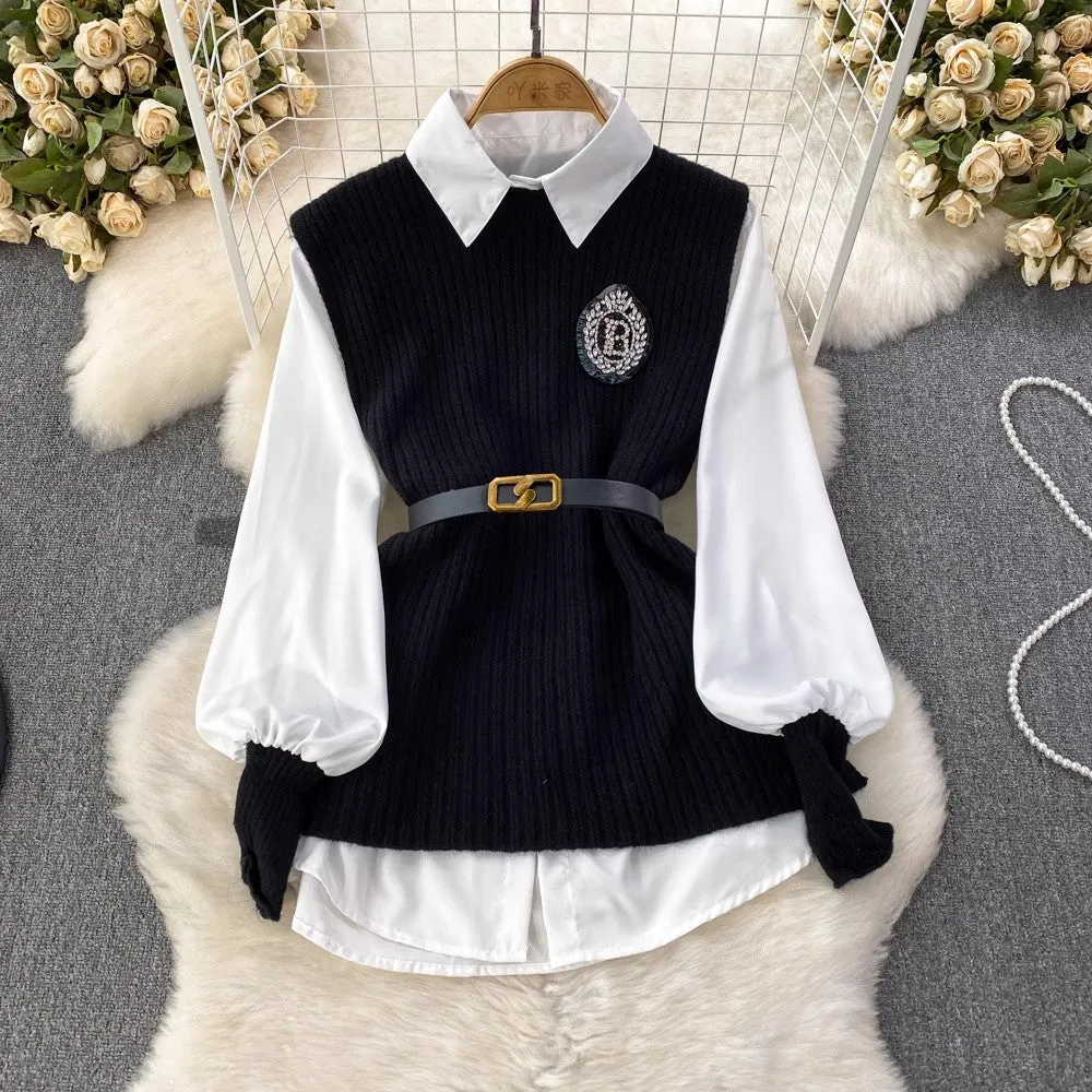 lantern long-sleeved mid-length shirt knitted vest two-piece suit for women      S3999