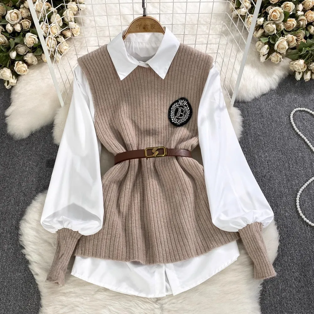 lantern long-sleeved mid-length shirt knitted vest two-piece suit for women      S3999