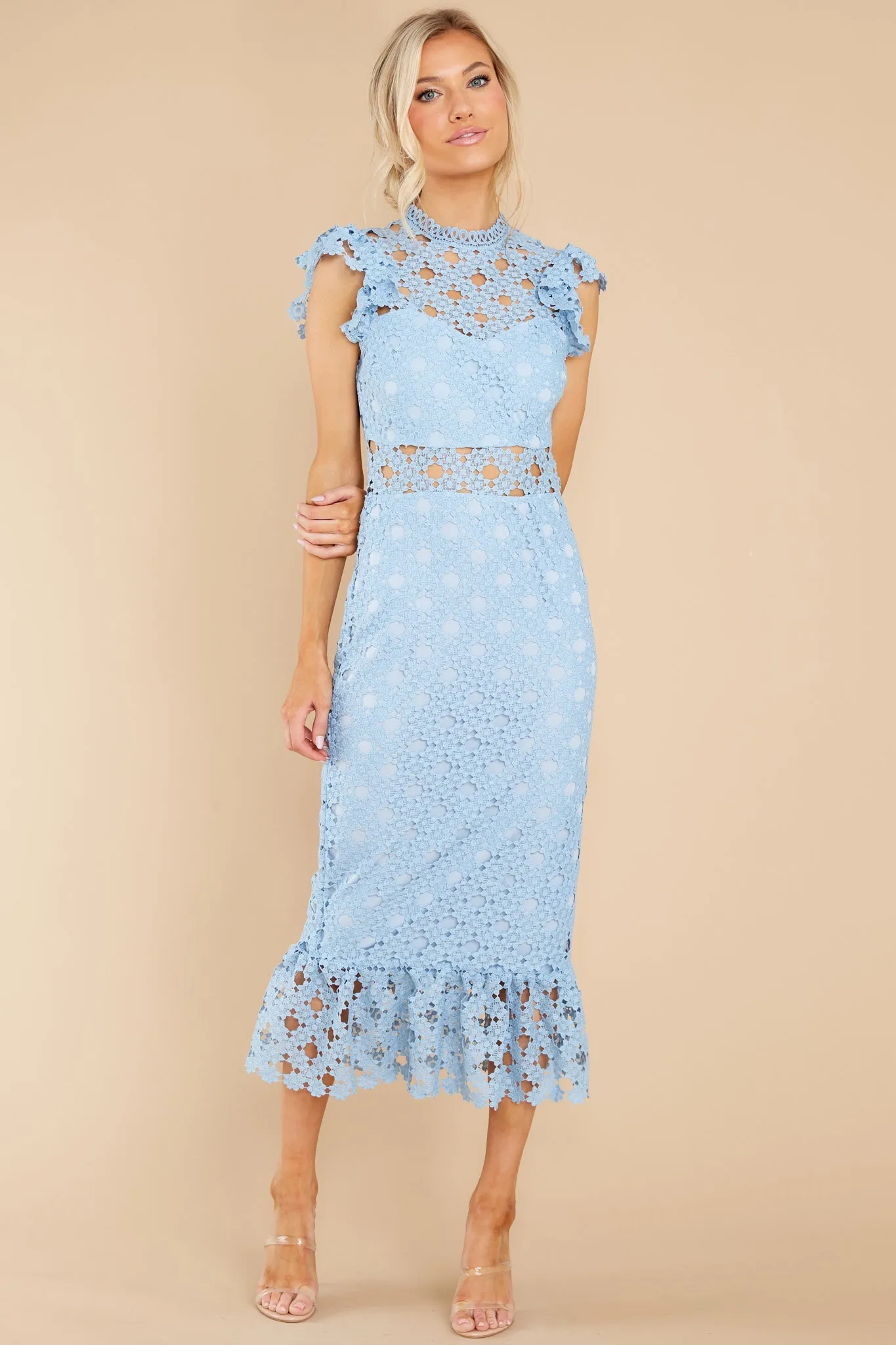 Love's High Hopes Sky Blue Crochet Midi Dress