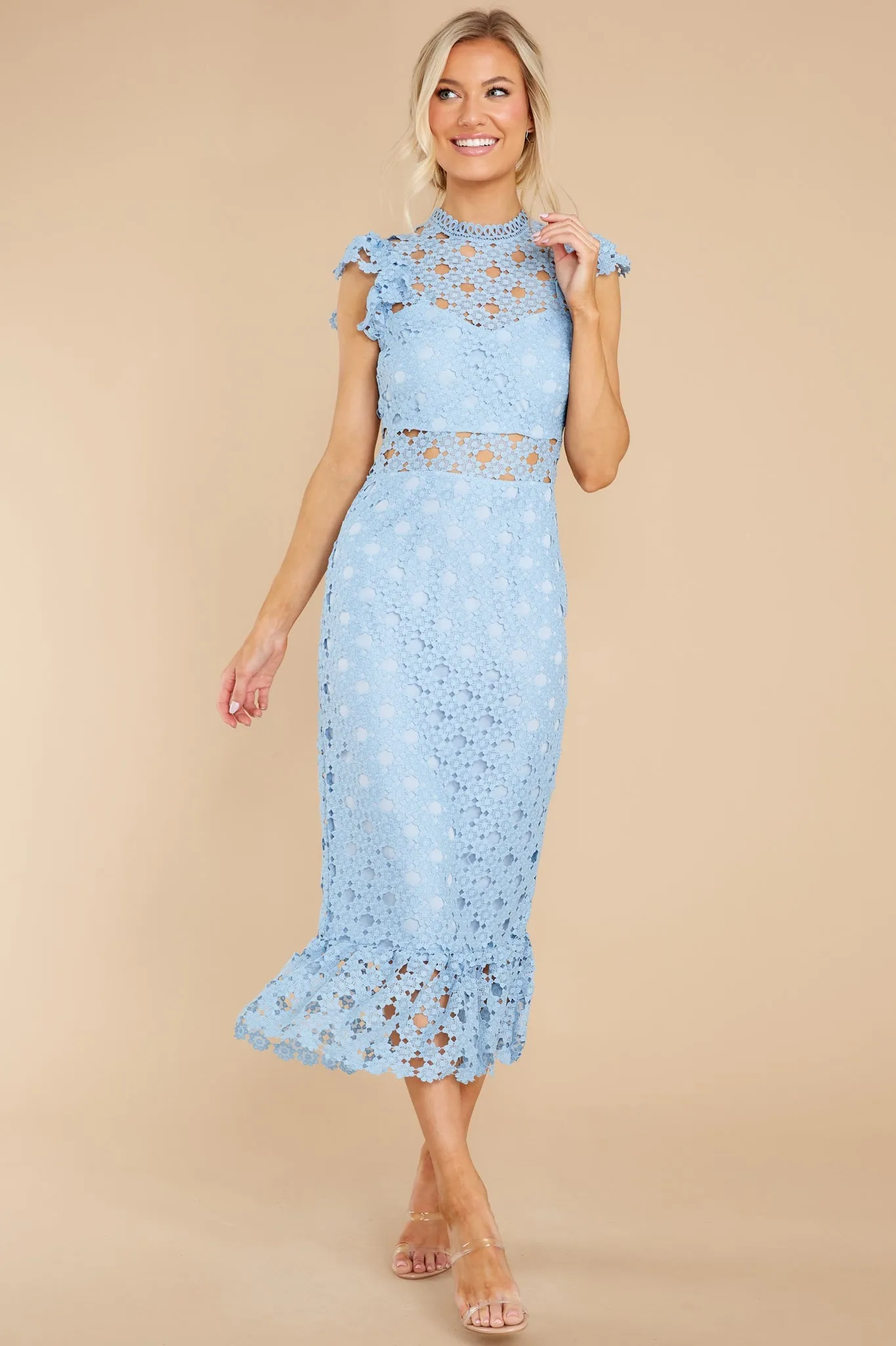 Love's High Hopes Sky Blue Crochet Midi Dress