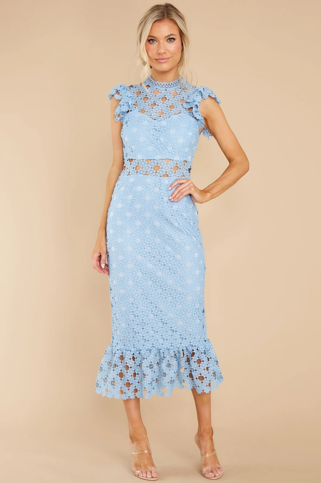 Love's High Hopes Sky Blue Crochet Midi Dress