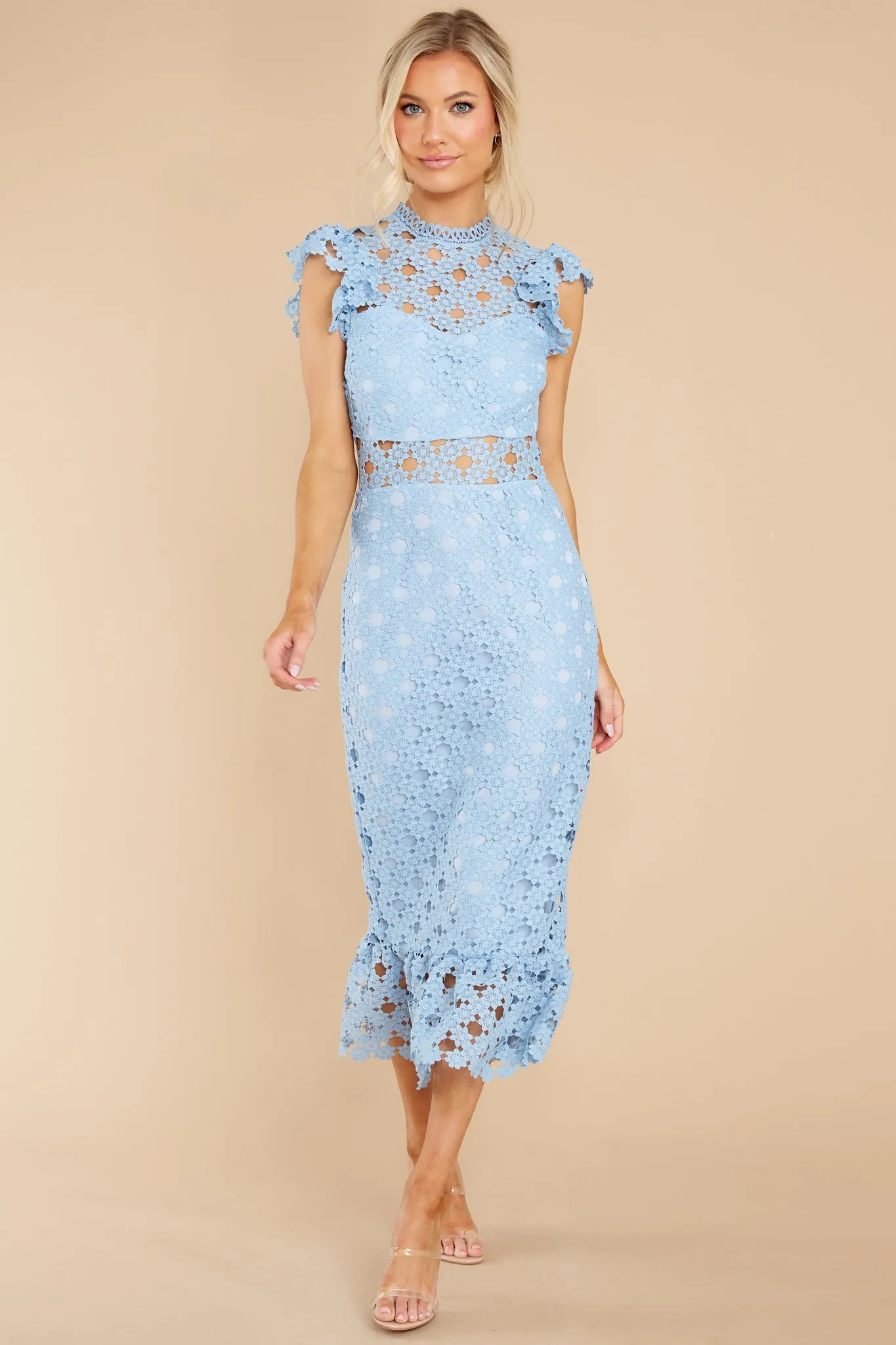 Love's High Hopes Sky Blue Crochet Midi Dress