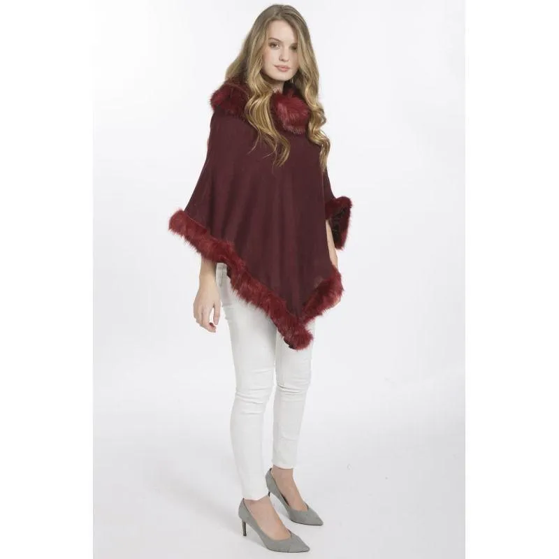 Luxury Poncho with Faux Fur Trim (One Size) - Red