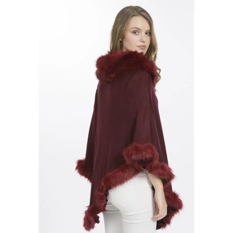 Luxury Poncho with Faux Fur Trim (One Size) - Red