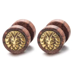 Men Women Steel Gold Lion Head Wood Circle Stud Earrings Cheater Fake Ear Plugs Gauges