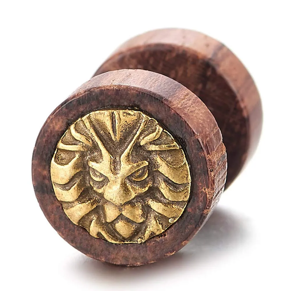 Men Women Steel Gold Lion Head Wood Circle Stud Earrings Cheater Fake Ear Plugs Gauges