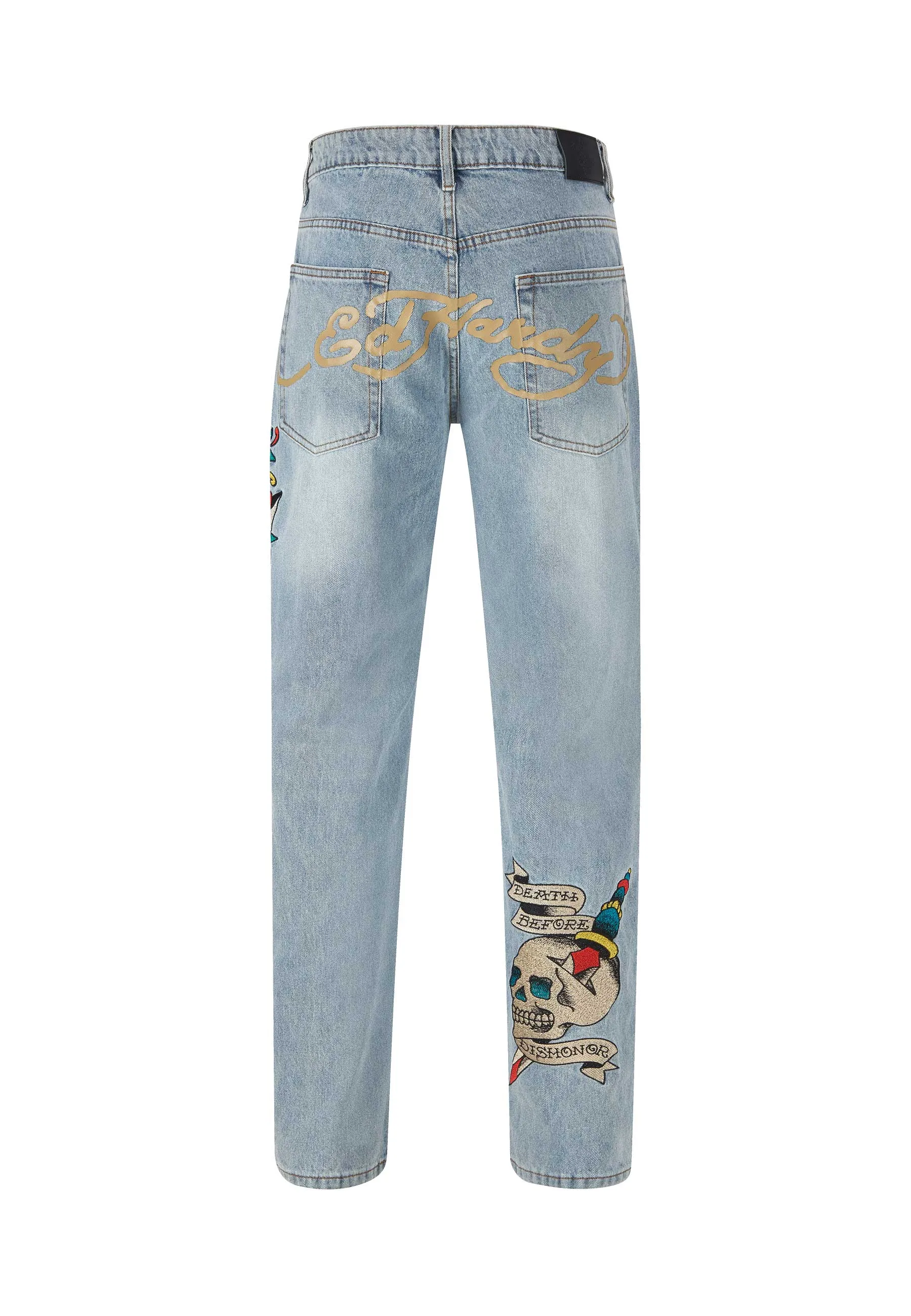 Mens Death Before Tattoo Graphic Denim Trousers Jeans - Blue