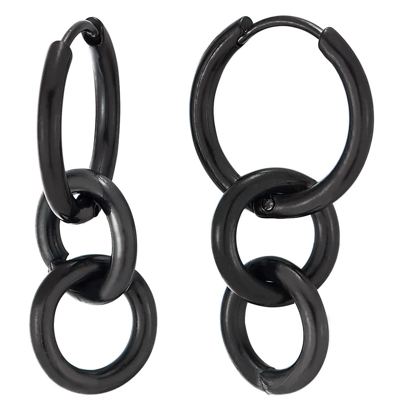 Mens Womens Stainless Steel Black Three Circles Link Huggie Hinged Hoop Earrings, 2pcs