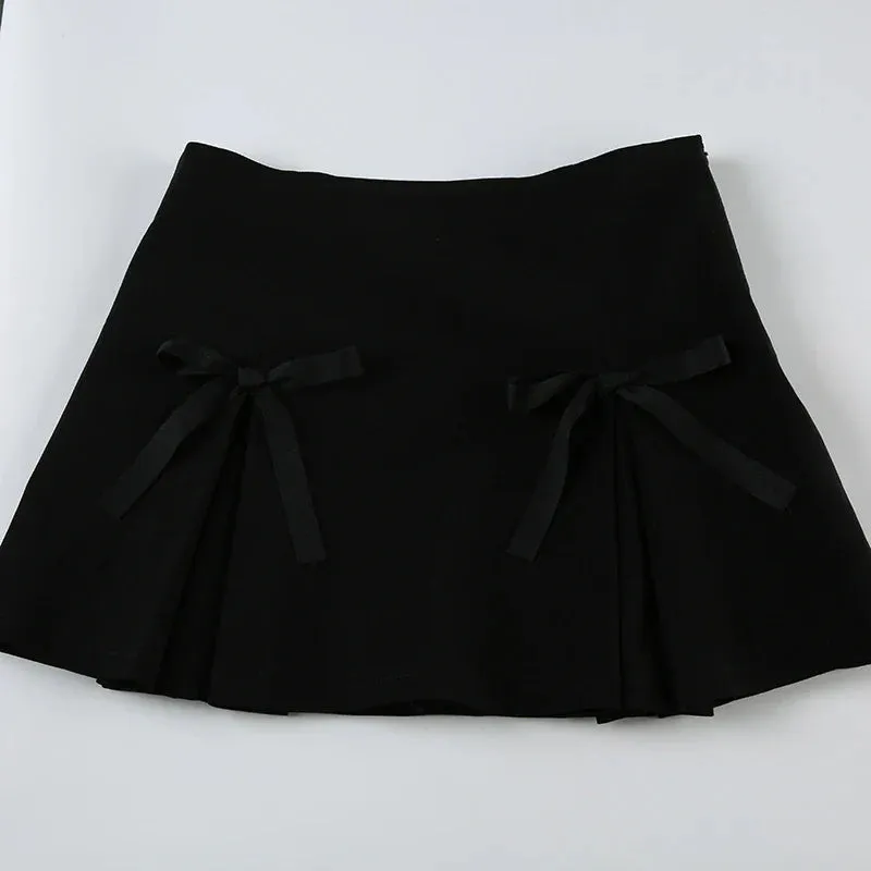 Metaversmall Fashion Chic Satin High Waist Mini Skirt Women Bow A-Line Solid Slim Dark Academia Summer Skirts Gothic Preppy Style