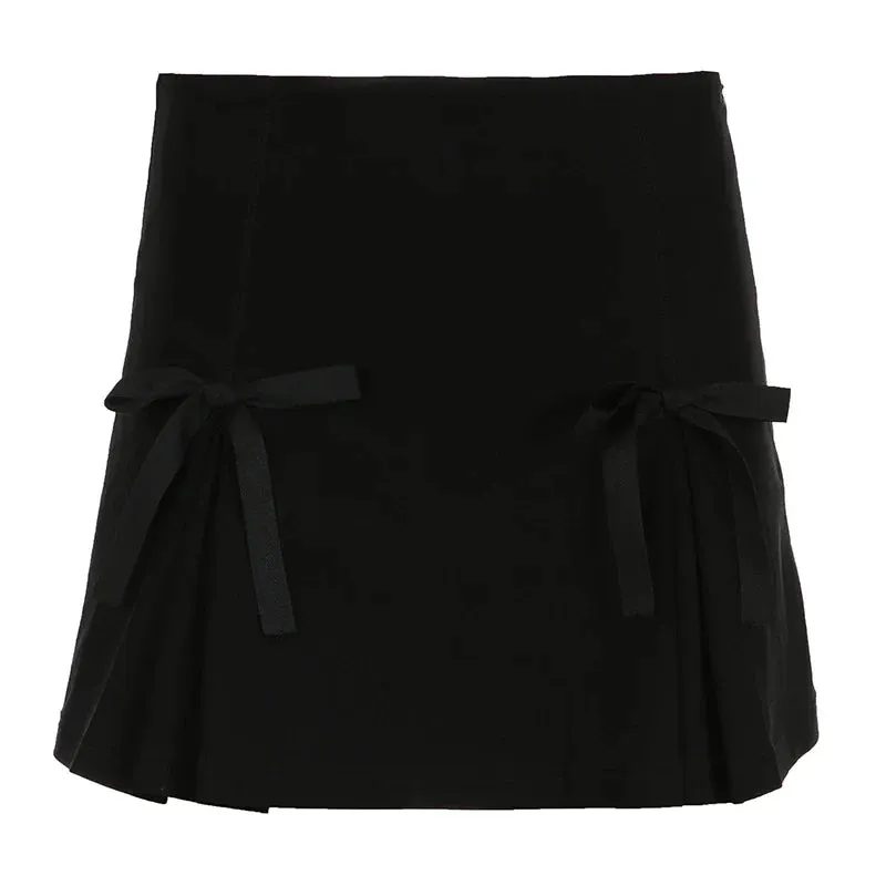 Metaversmall Fashion Chic Satin High Waist Mini Skirt Women Bow A-Line Solid Slim Dark Academia Summer Skirts Gothic Preppy Style