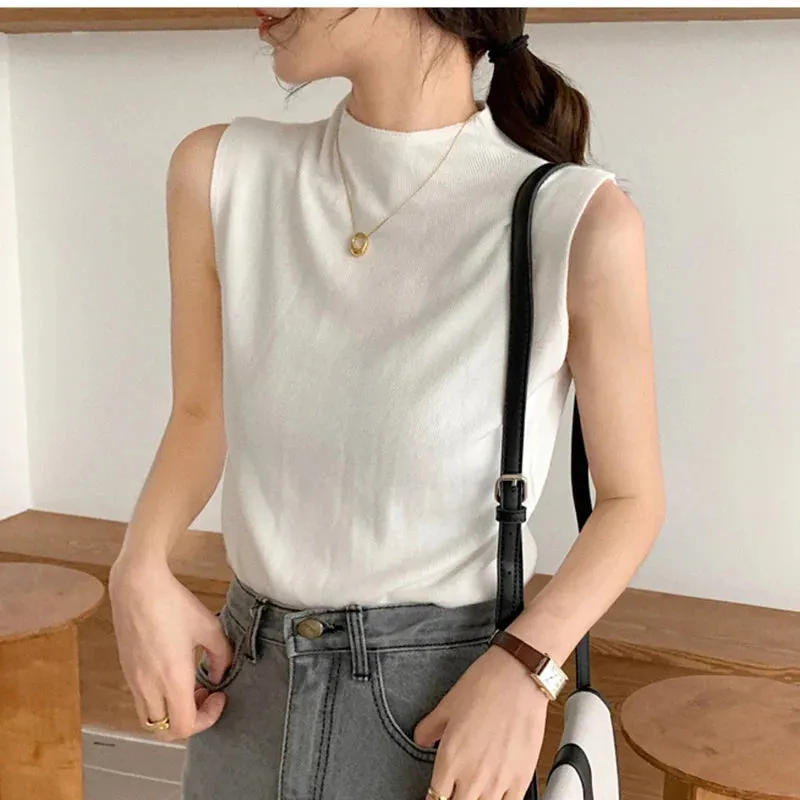 Metaversmall Knitted Summer Tank Top Women Turtleneck Camisole Slim Sexy Top Female Sleeveless T-Shirt Vest Casual White Grey T-shirts