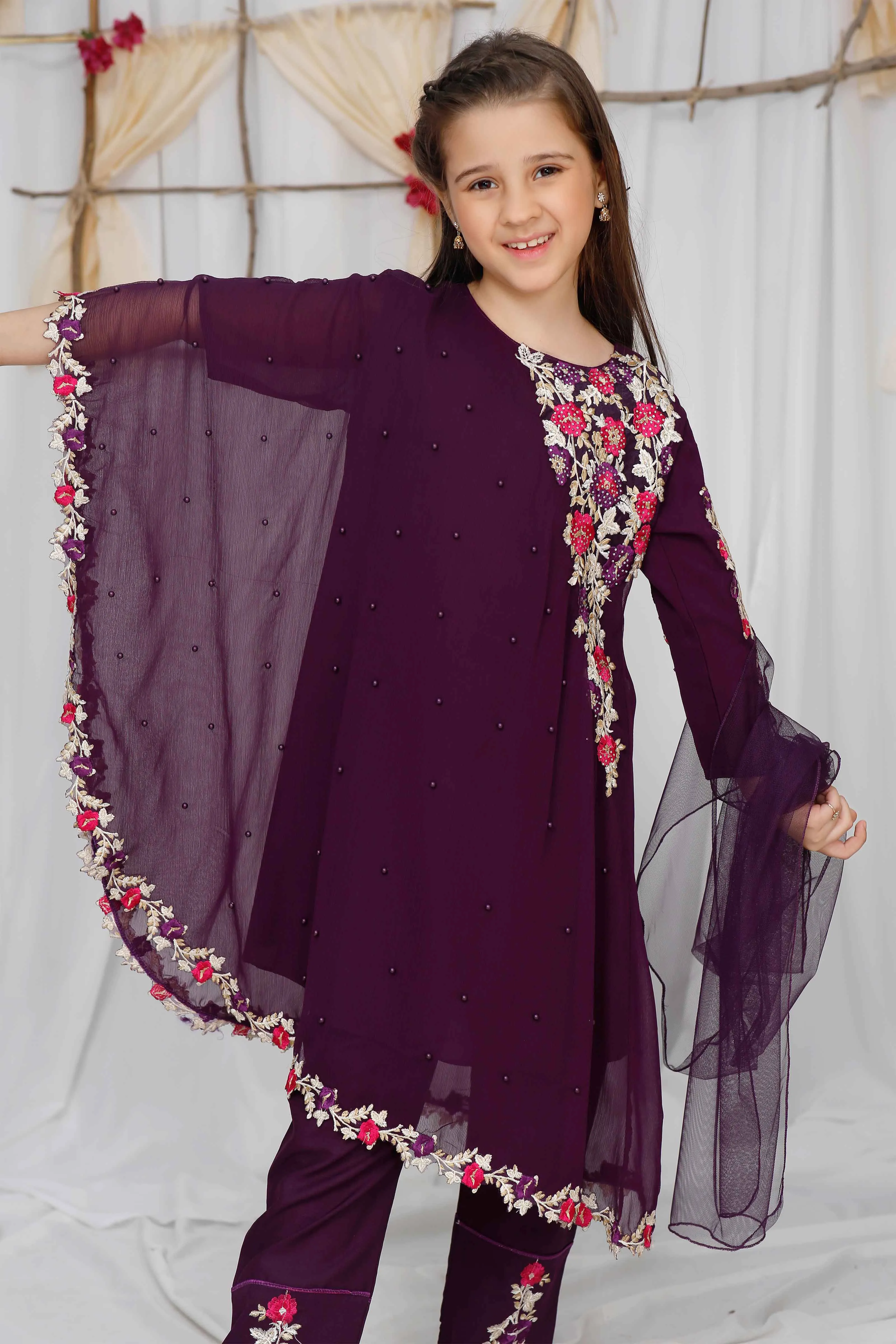 Modest Girls Stitched 3 Piece Pearl Cape Formals Collection'2024-8635-Purple