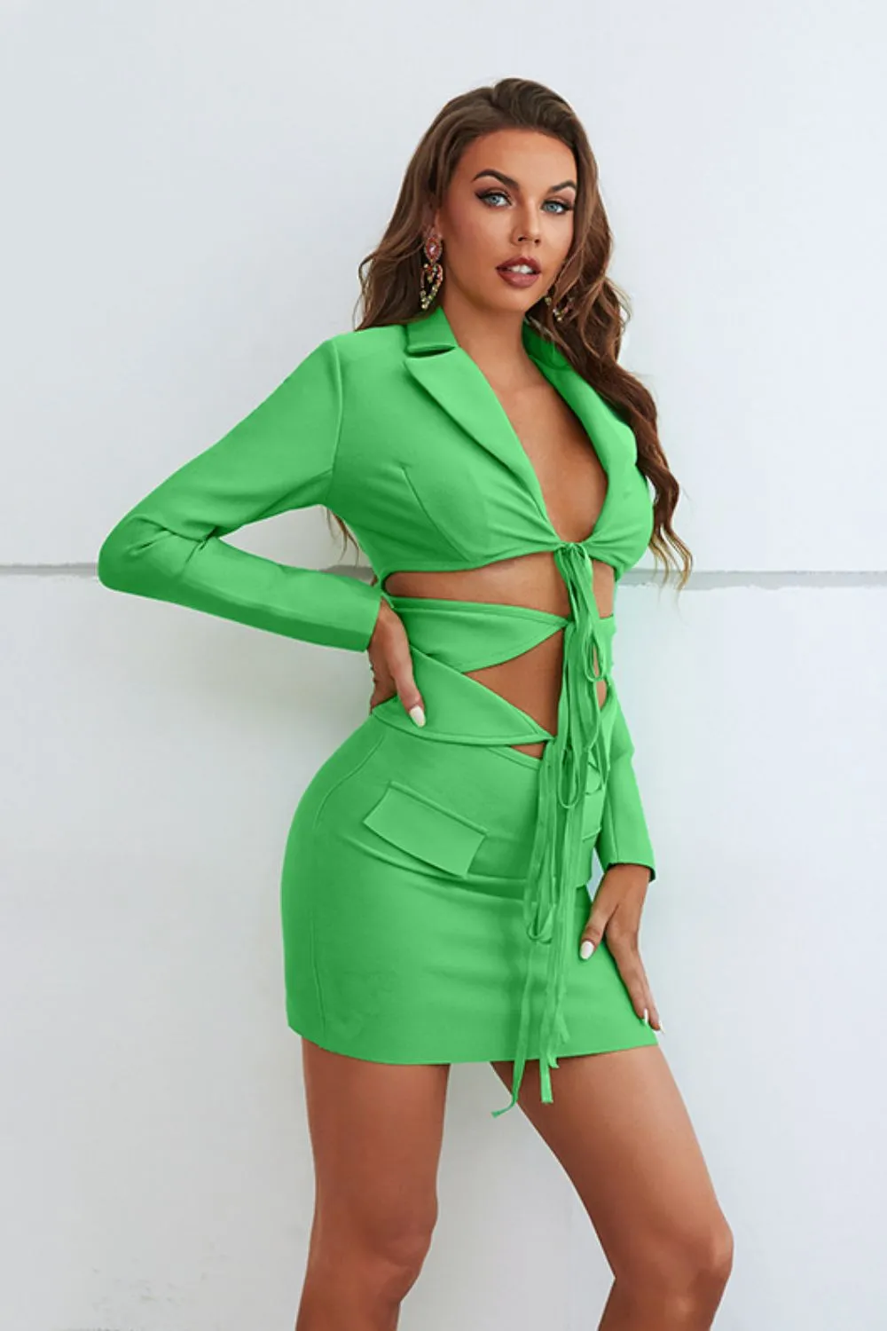 More Everyday Cutout Tied Blazer and Skirt Set