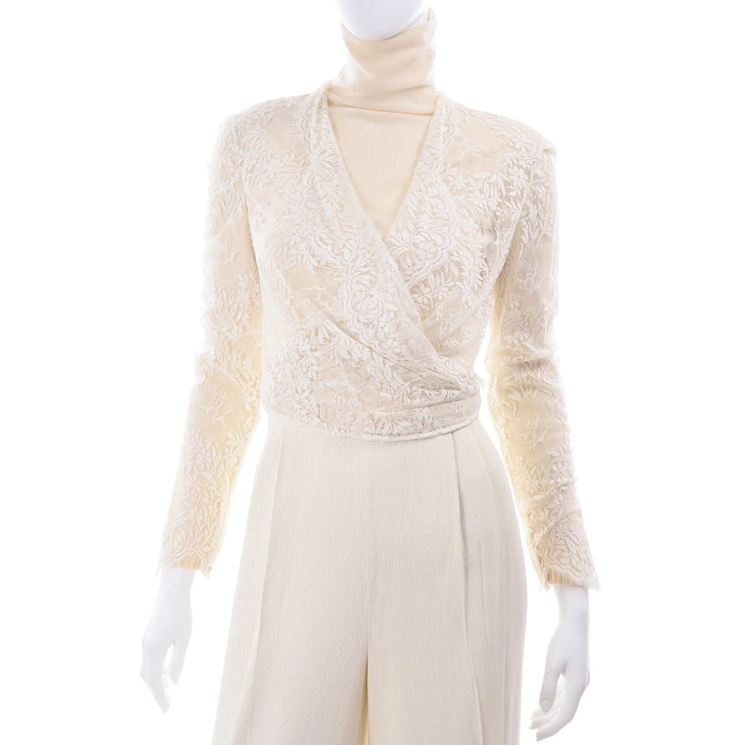 ON HOLD // Valentino Ensemble w/ Cream Turtleneck, Lace Wrap Top & High Waist Pants