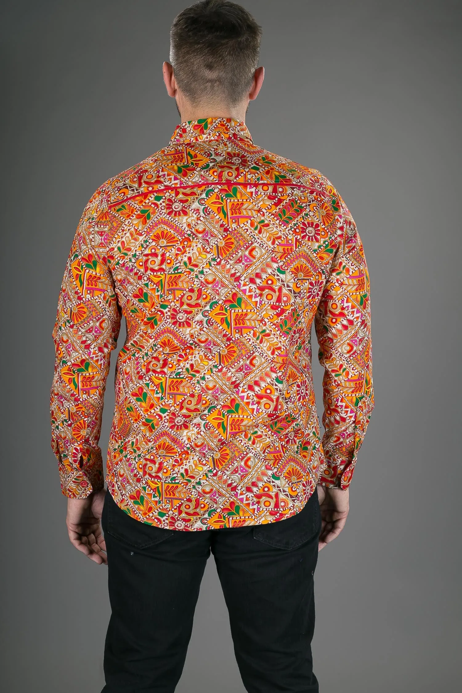 Orange Multi Colour Print Cotton Slim fit Long-Sleeve Mens Shirt