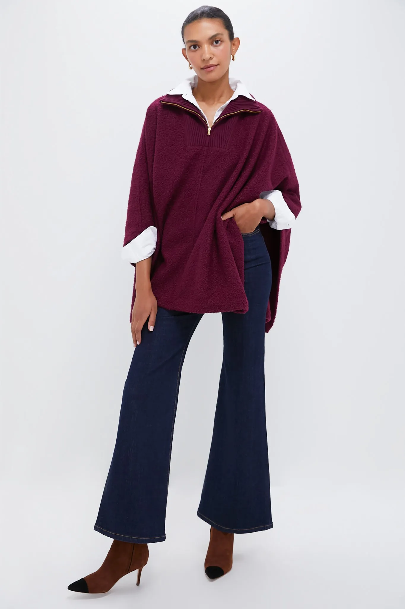 Oxblood Boucle High-Neck Poncho