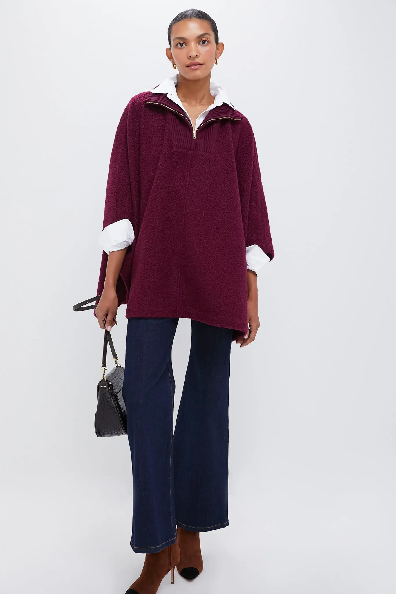 Oxblood Boucle High-Neck Poncho