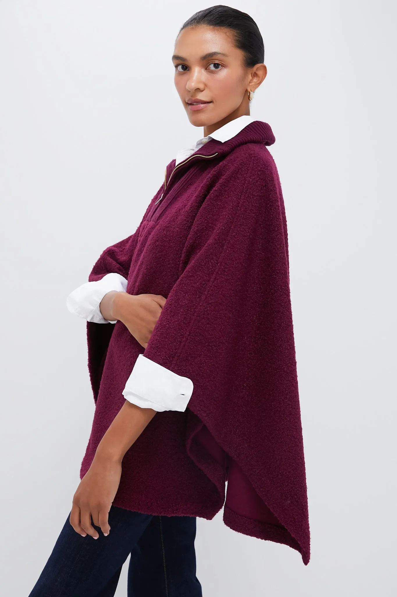 Oxblood Boucle High-Neck Poncho