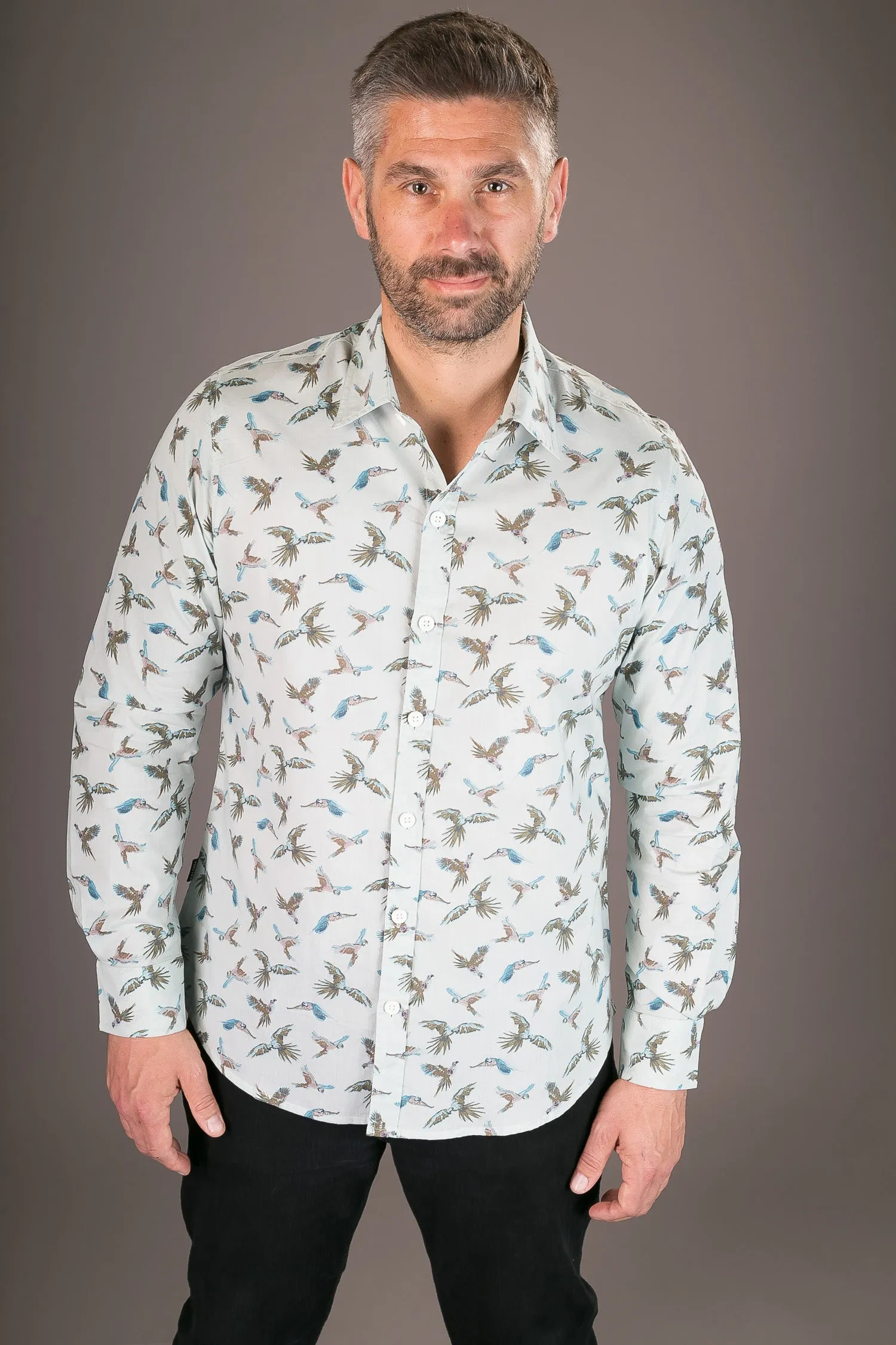 Parrots Blue Print Cotton Slim Fit Mens Shirt Long Sleeve