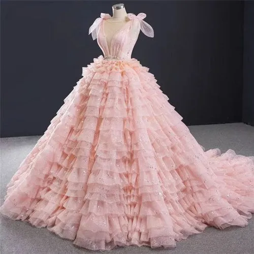 Pink Layered Ball Gown Sleeveless Quinceanera Dress with Bowknot