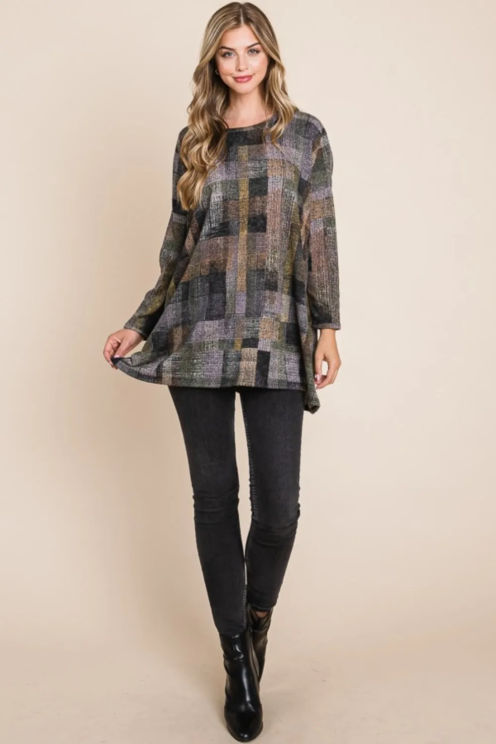 Plaid Round Neck Long Sleeve Top