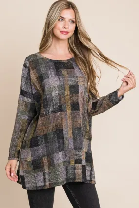 Plaid Round Neck Long Sleeve Top