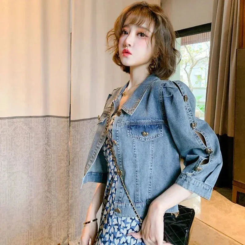 Plain Outerwears Female Jeans Coat Short Women's Denim Jackets Spring Autumn Crop Small Youthful Woman Clothes Luxury Streetwear