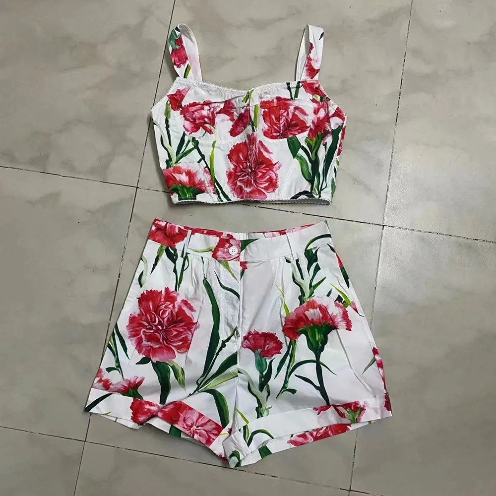 Print Two Piece Sets For Women Square Collar Sleeveless Short Tank Top High Waist Short Pants Casual Set Female Fashion 2023