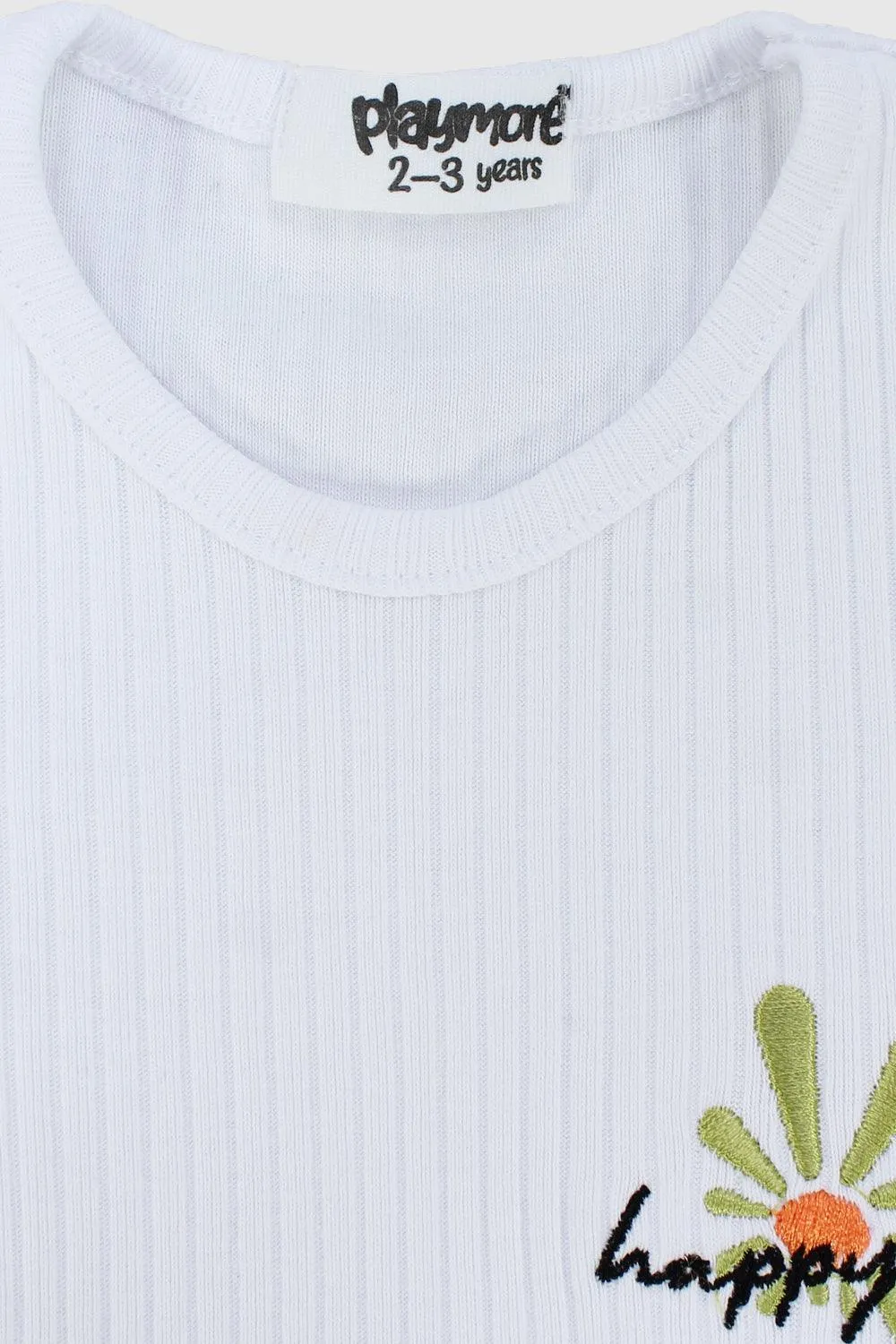 "Happy Sun" White Ribbed Short-Sleeved T-Shirt