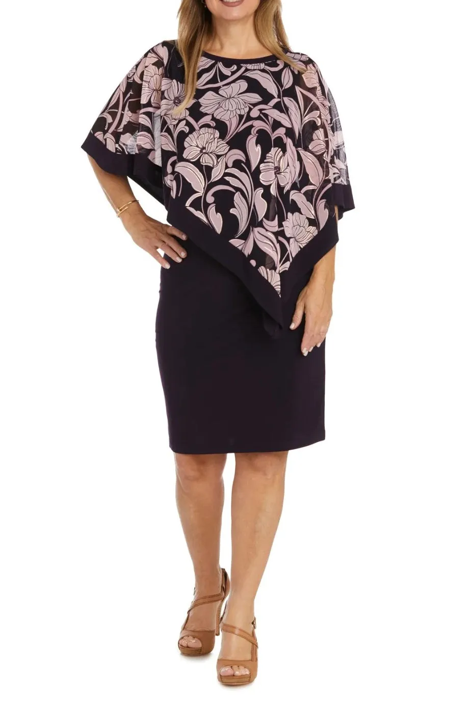 R&M Richards Boat Neck Asymmetrical Mesh Poncho ITY Dress