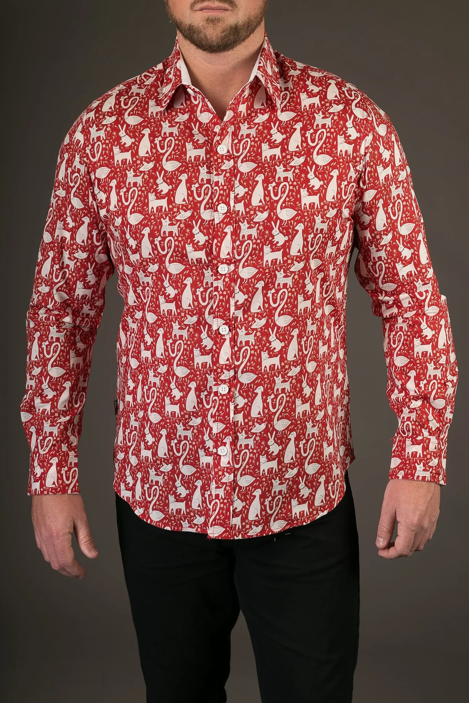 Red Rabbit Dog Swan Print Cotton Slim Fit Mens Shirt Long Sleeve