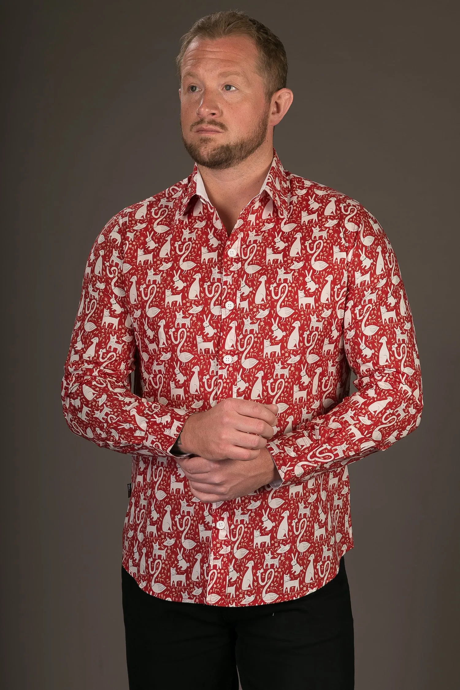 Red Rabbit Dog Swan Print Cotton Slim Fit Mens Shirt Long Sleeve