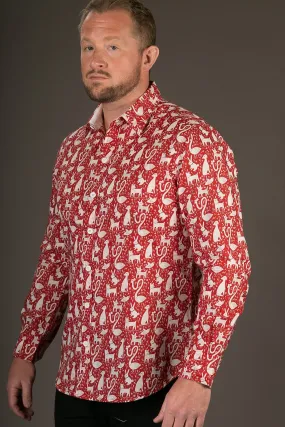 Red Rabbit Dog Swan Print Cotton Slim Fit Mens Shirt Long Sleeve