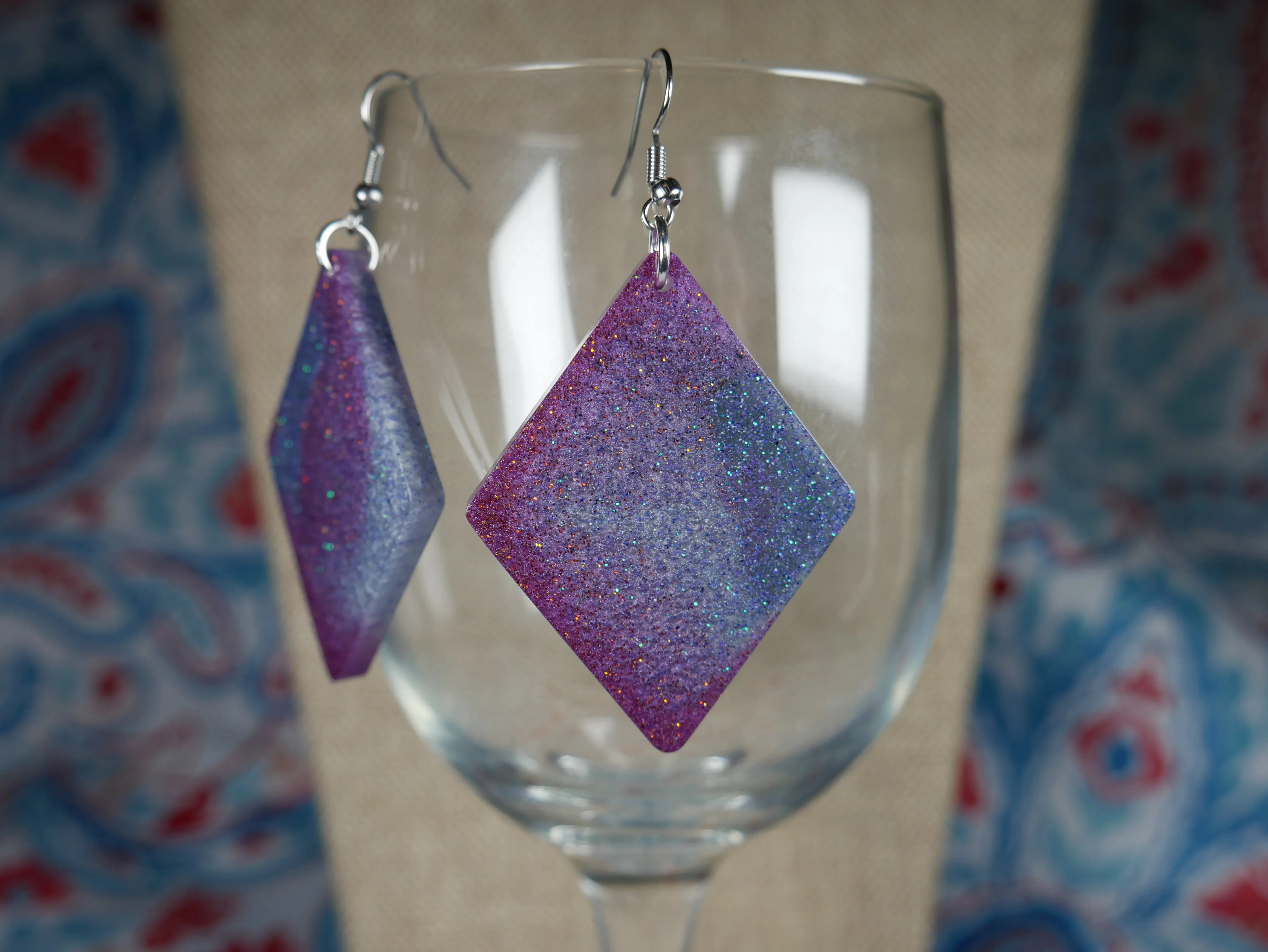 Resin Sparkly Blue, Purple and Silver Diamond Shaped Earrings