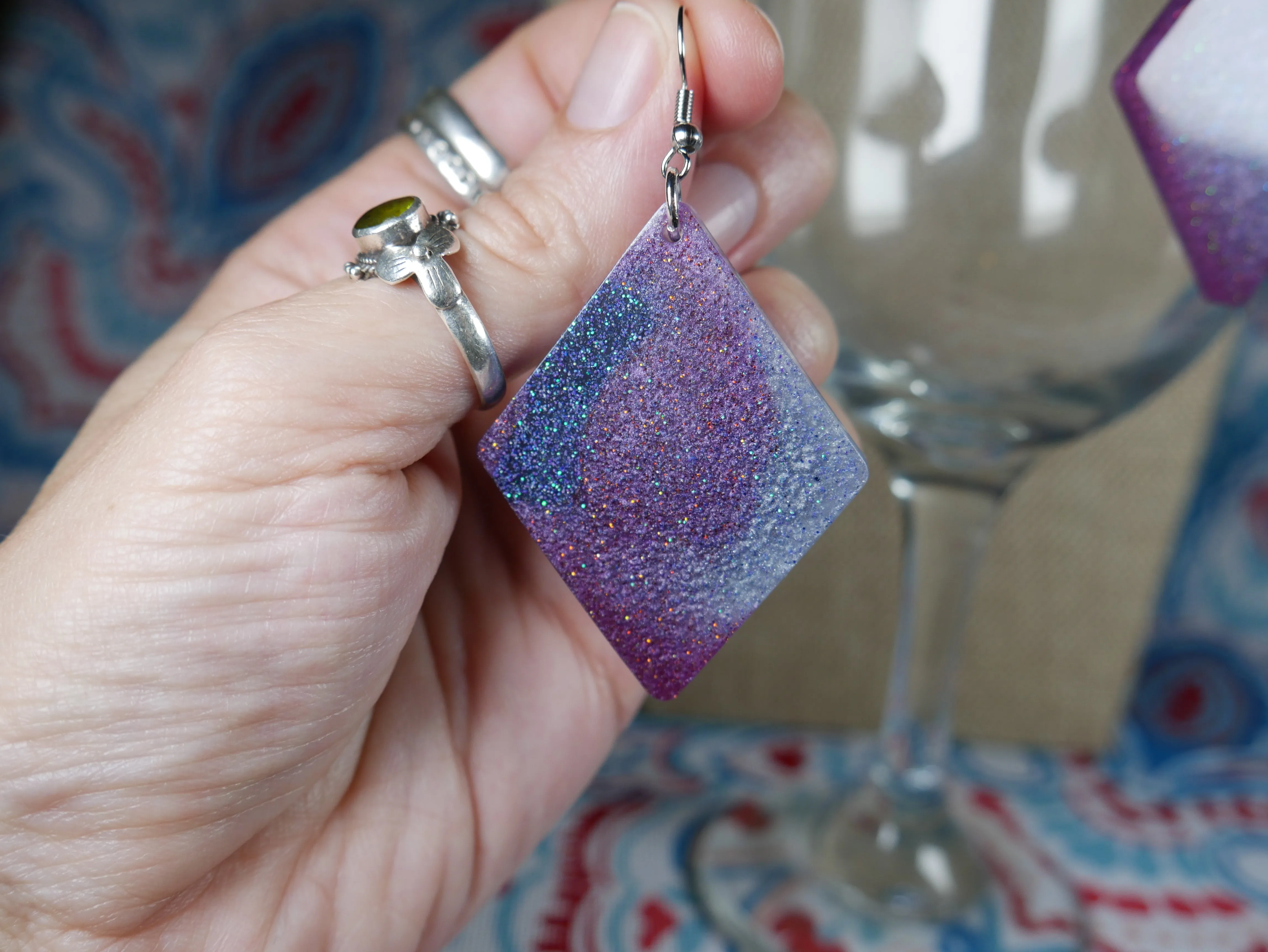 Resin Sparkly Blue, Purple and Silver Diamond Shaped Earrings