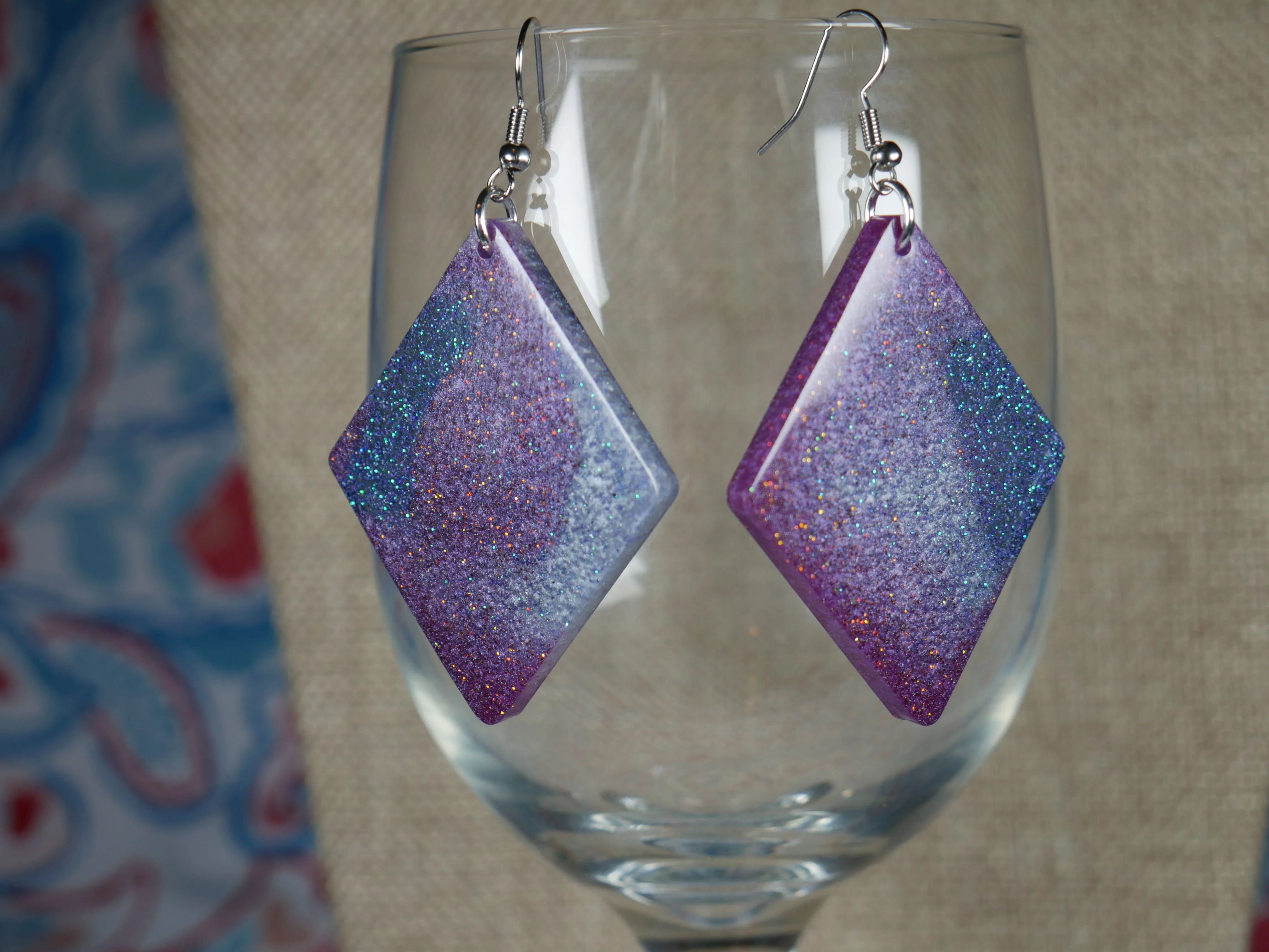 Resin Sparkly Blue, Purple and Silver Diamond Shaped Earrings