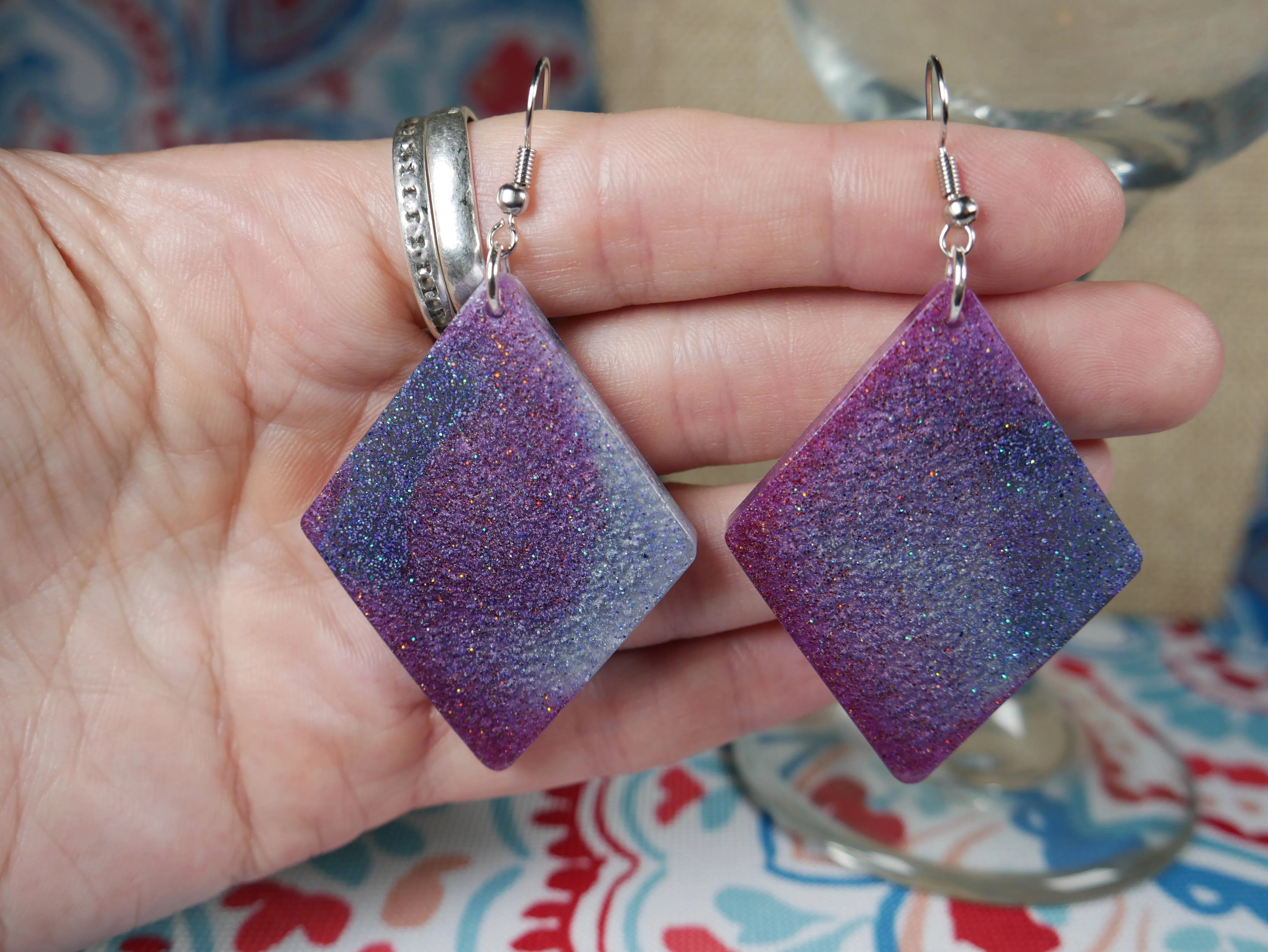 Resin Sparkly Blue, Purple and Silver Diamond Shaped Earrings