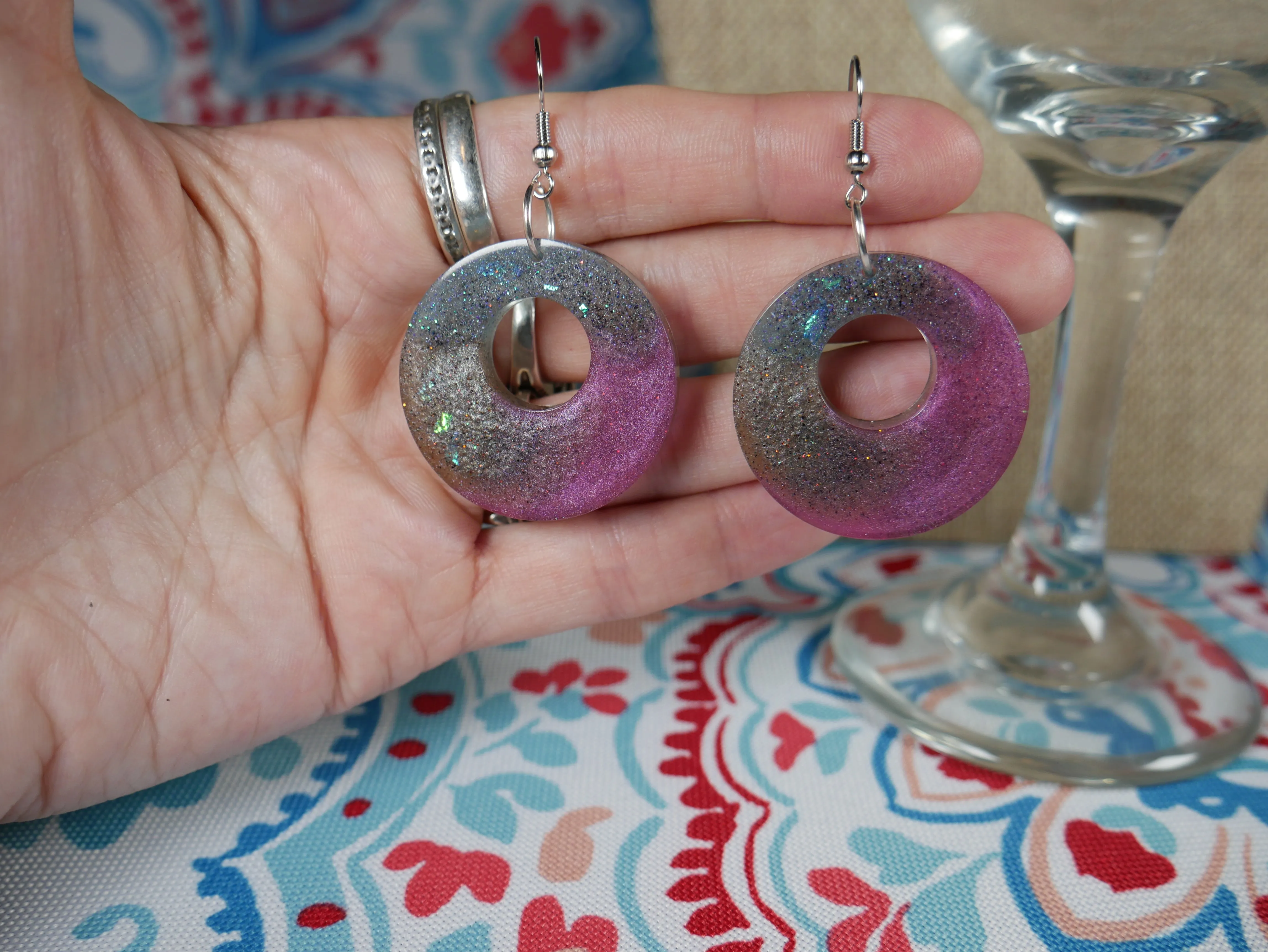 Resin Sparkly Blue, Purplish Grape Colored and Opalescent Loop Earrings