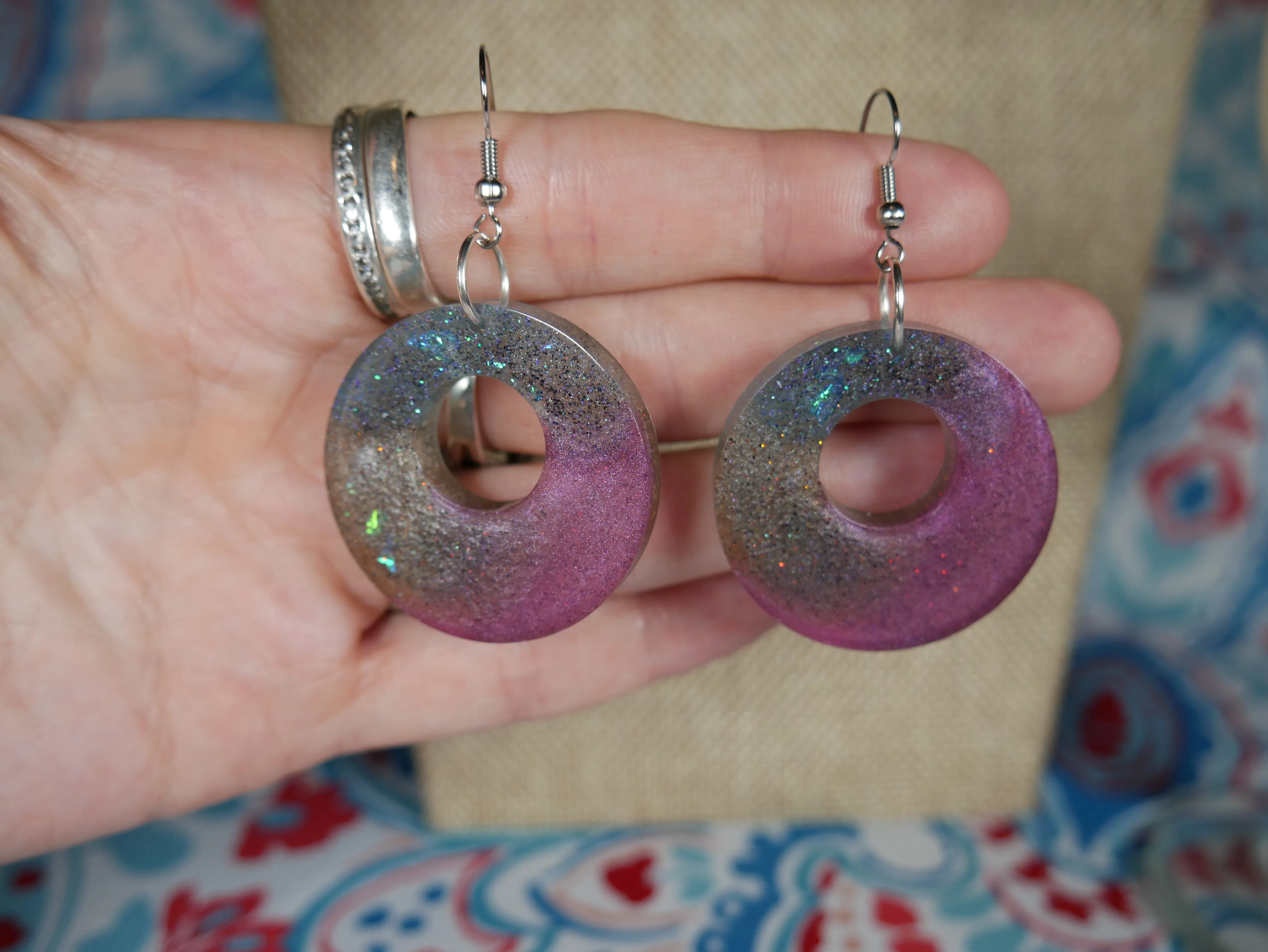 Resin Sparkly Blue, Purplish Grape Colored and Opalescent Loop Earrings