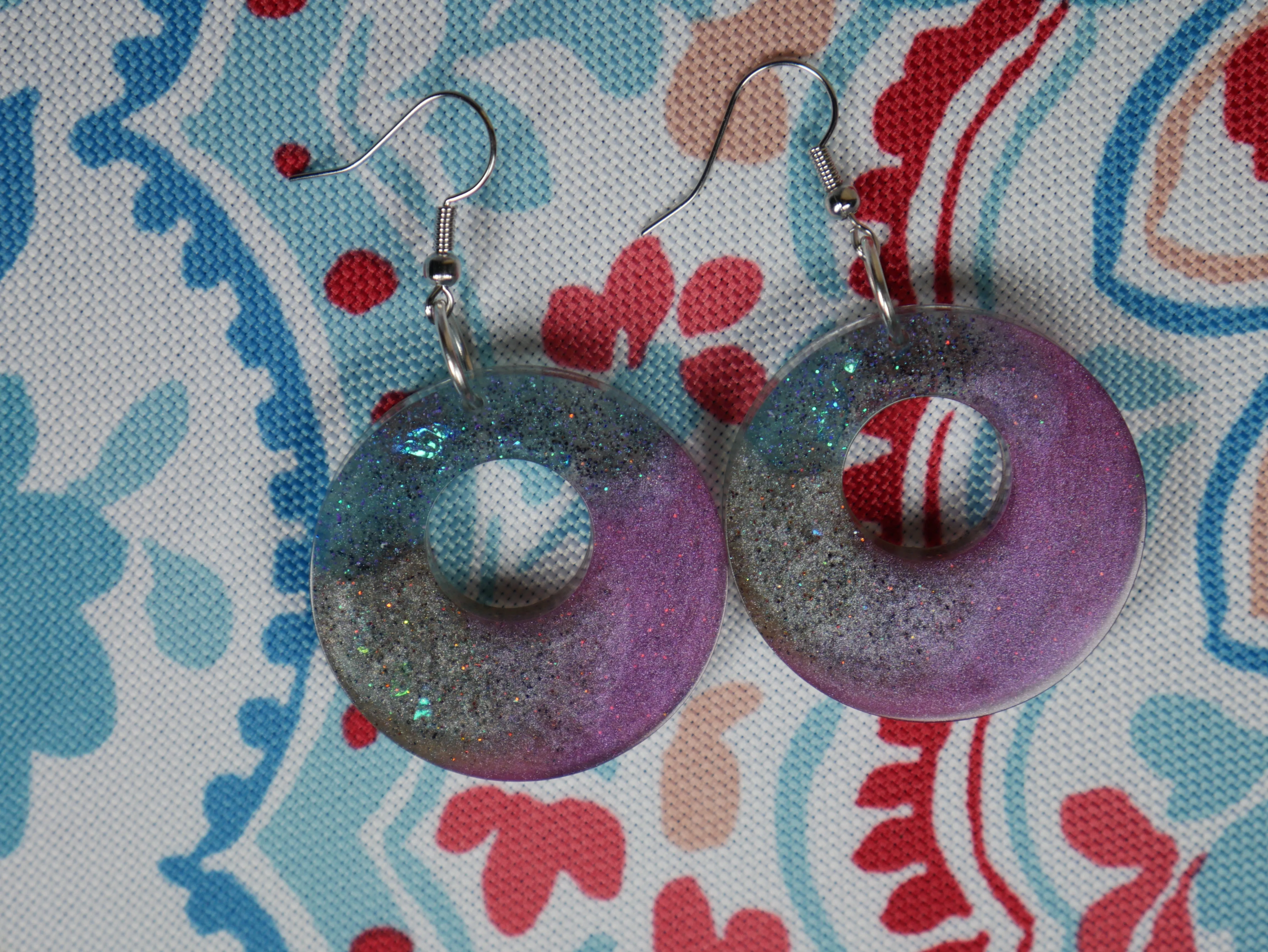 Resin Sparkly Blue, Purplish Grape Colored and Opalescent Loop Earrings